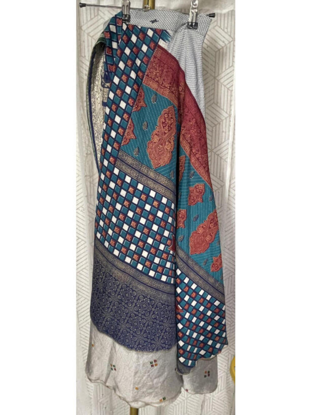 Vtg Silk Blend Sari Magic Wrap Skirt Reversible Navy Teal Boho Gypsy Midi EUC